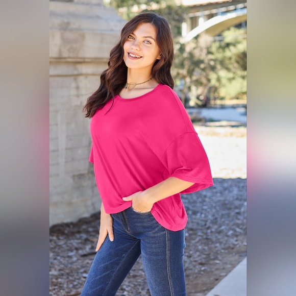 Basic Bae Deep Rose Full Size Round Neck Drop Shoulder T-Shirt - Picture 3 of 3